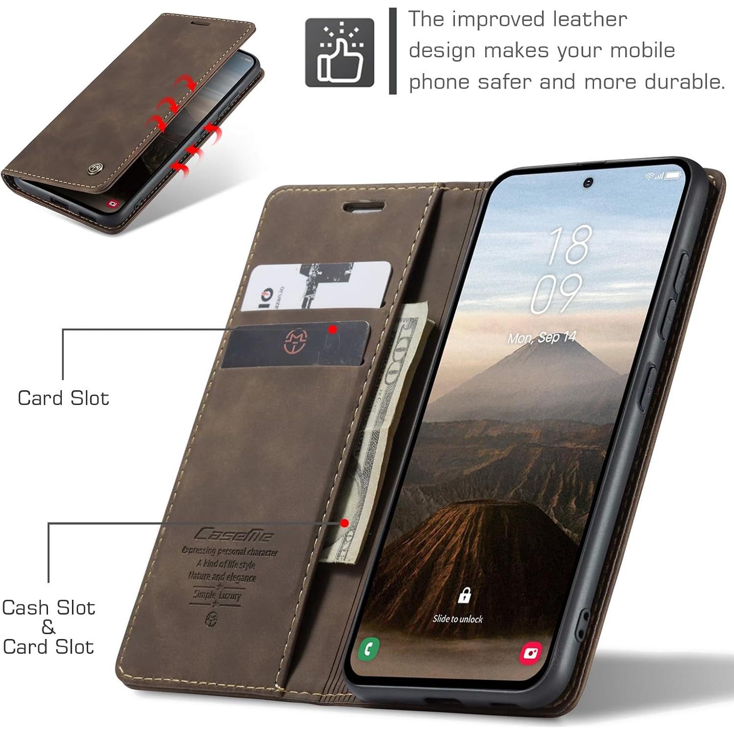 Funda de Cartera de Cuero Kowauri para Samsung Galaxy S25 Café