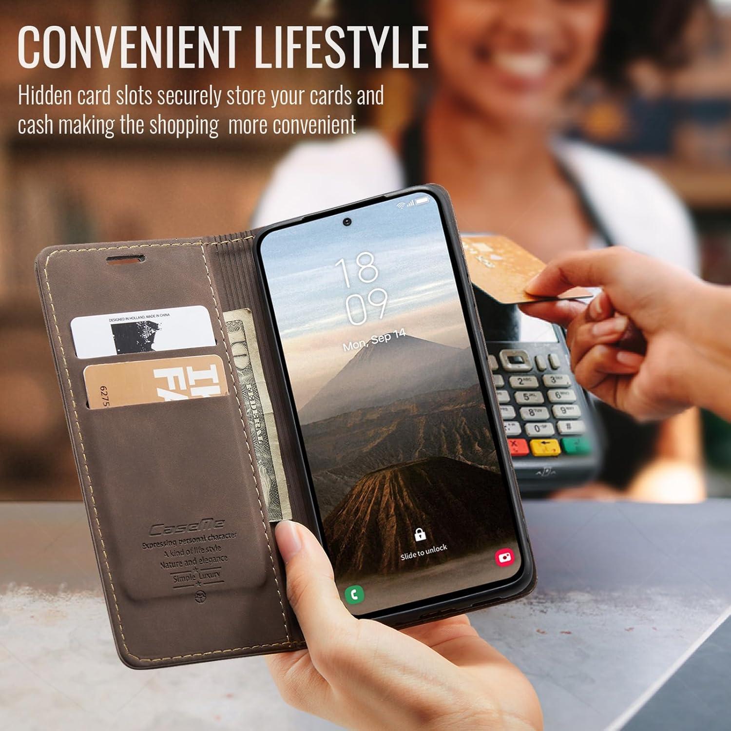 Funda de Cartera de Cuero Kowauri para Samsung Galaxy S25 Café