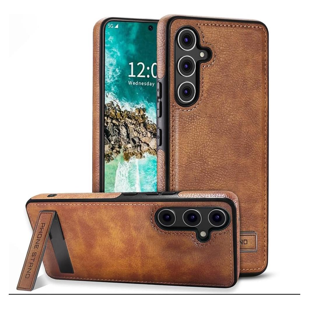 Funda de Cuero KSELF para Samsung Galaxy S25 Marrón con Soporte