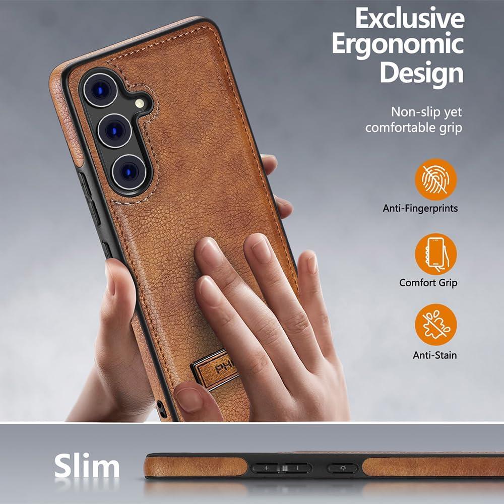 Funda de Cuero KSELF para Samsung Galaxy S25 Marrón con Soporte