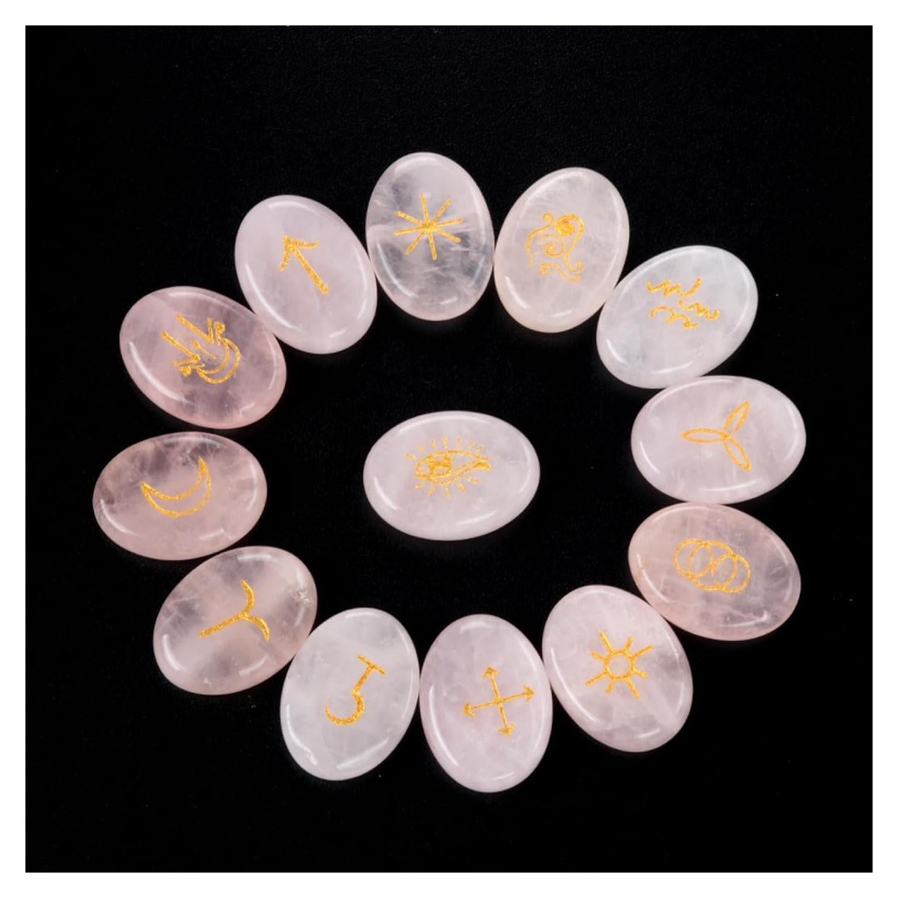Juego de Runas de Cuarzo Rosa LE SKY - 13 Piezas Grabadas