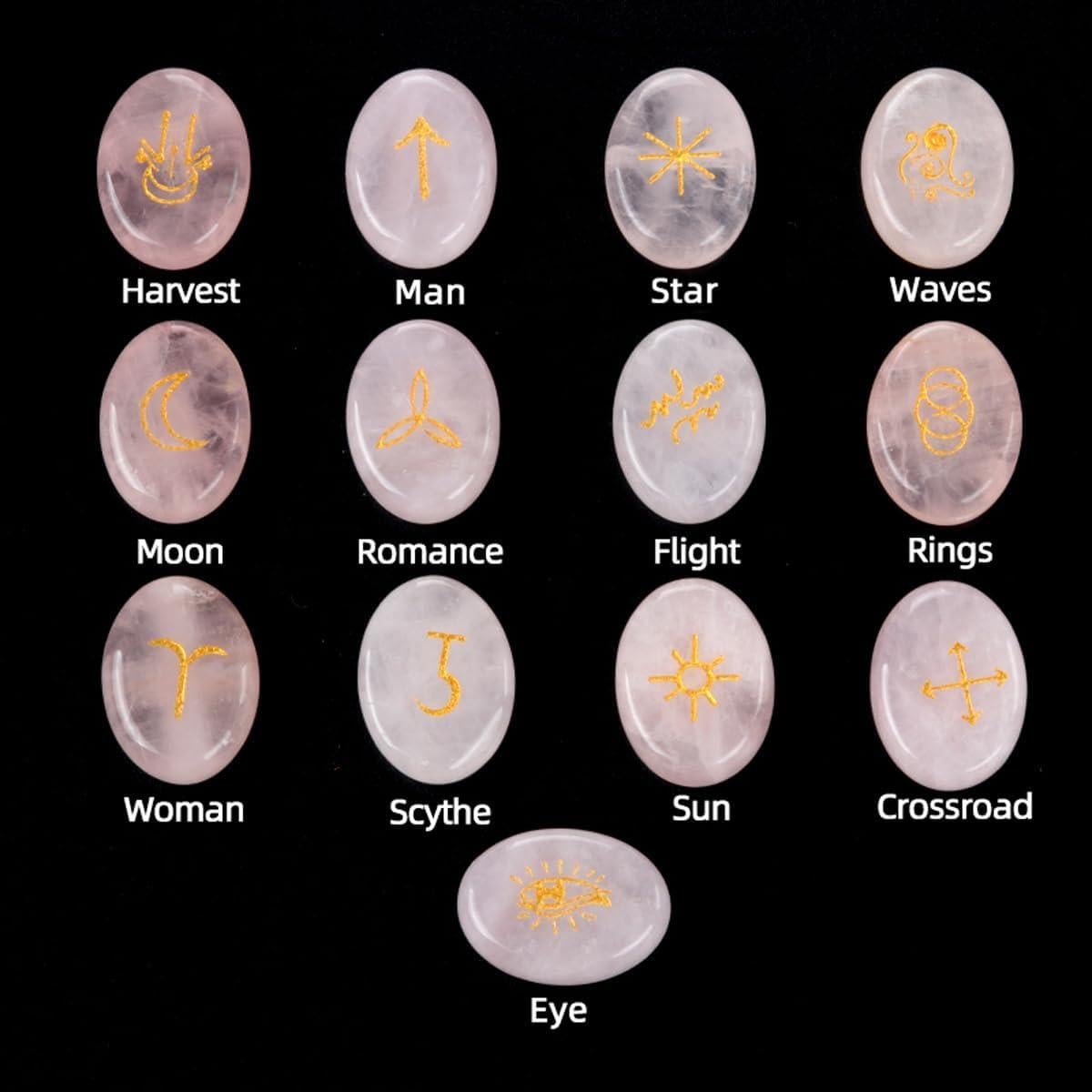 Juego de Runas de Cuarzo Rosa LE SKY - 13 Piezas Grabadas