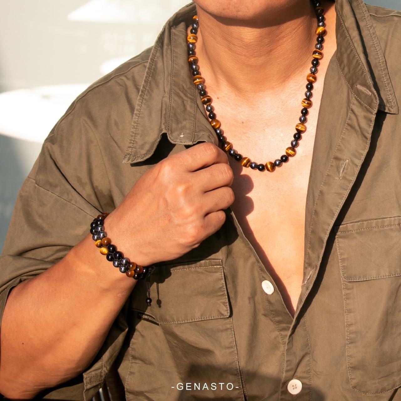 Pulsera de Cristales Sanadores Genasto 8mm Ojo de Tigre Obsidiana Hematita