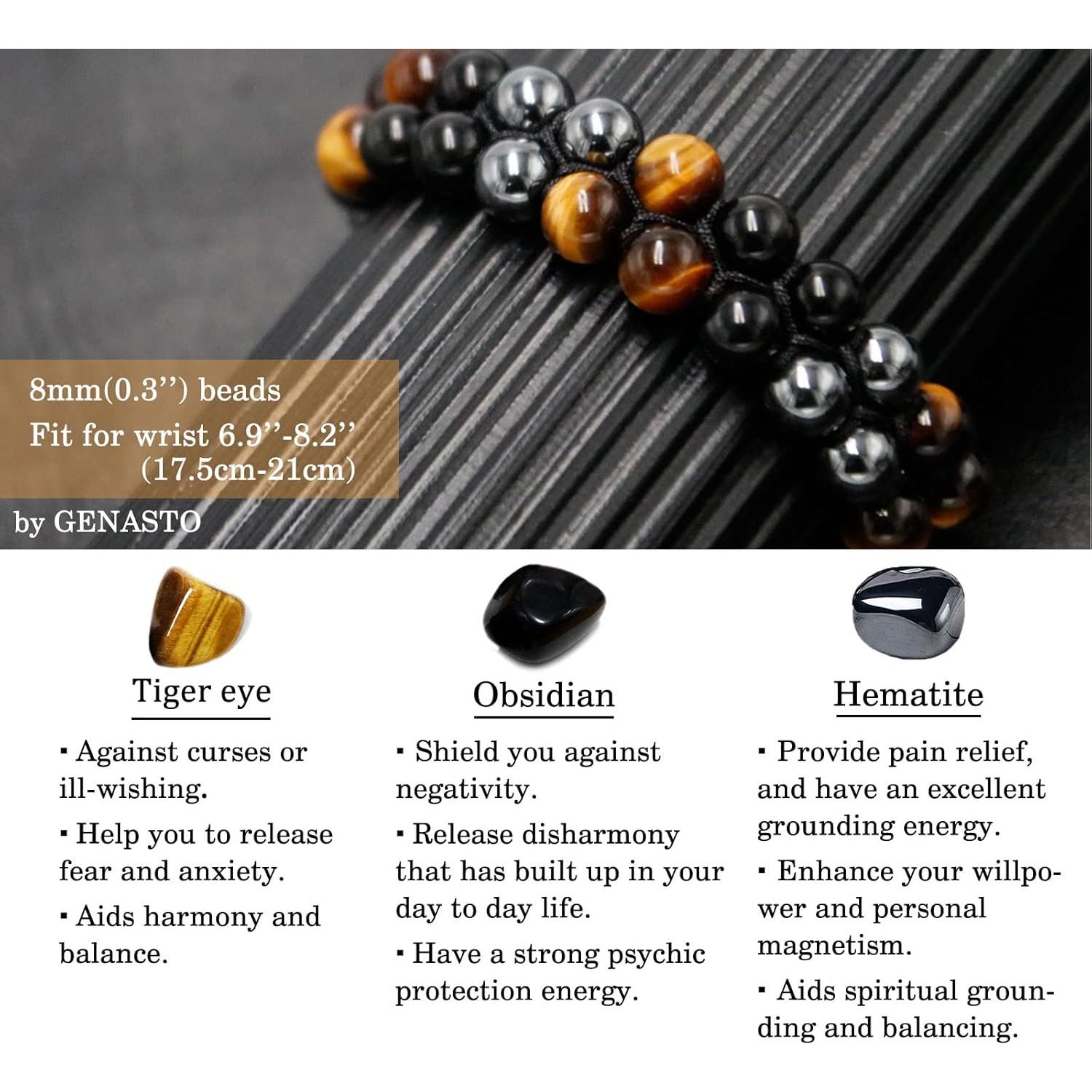 Pulsera de Cristales Sanadores Genasto 8mm Ojo de Tigre Obsidiana Hematita