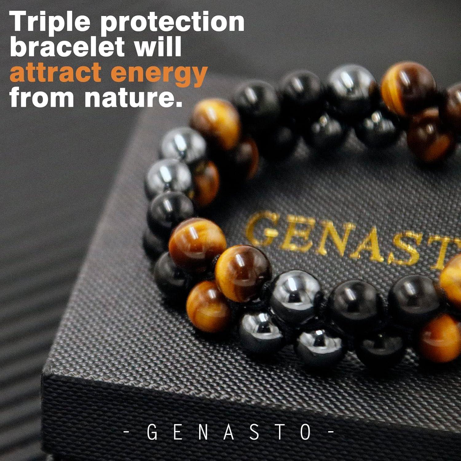 Pulsera de Cristales Sanadores Genasto 8mm Ojo de Tigre Obsidiana Hematita