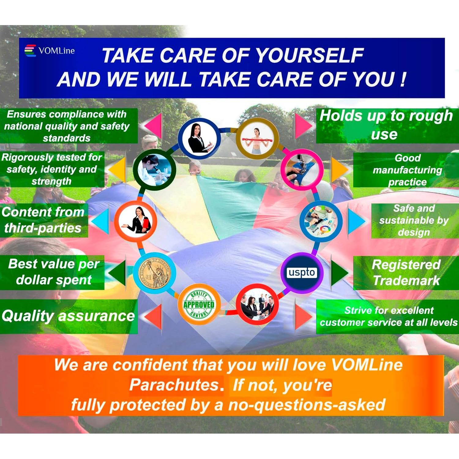 Paracaídas para Niños 12ft VOMLINE 16 Mangos Colores Brillantes