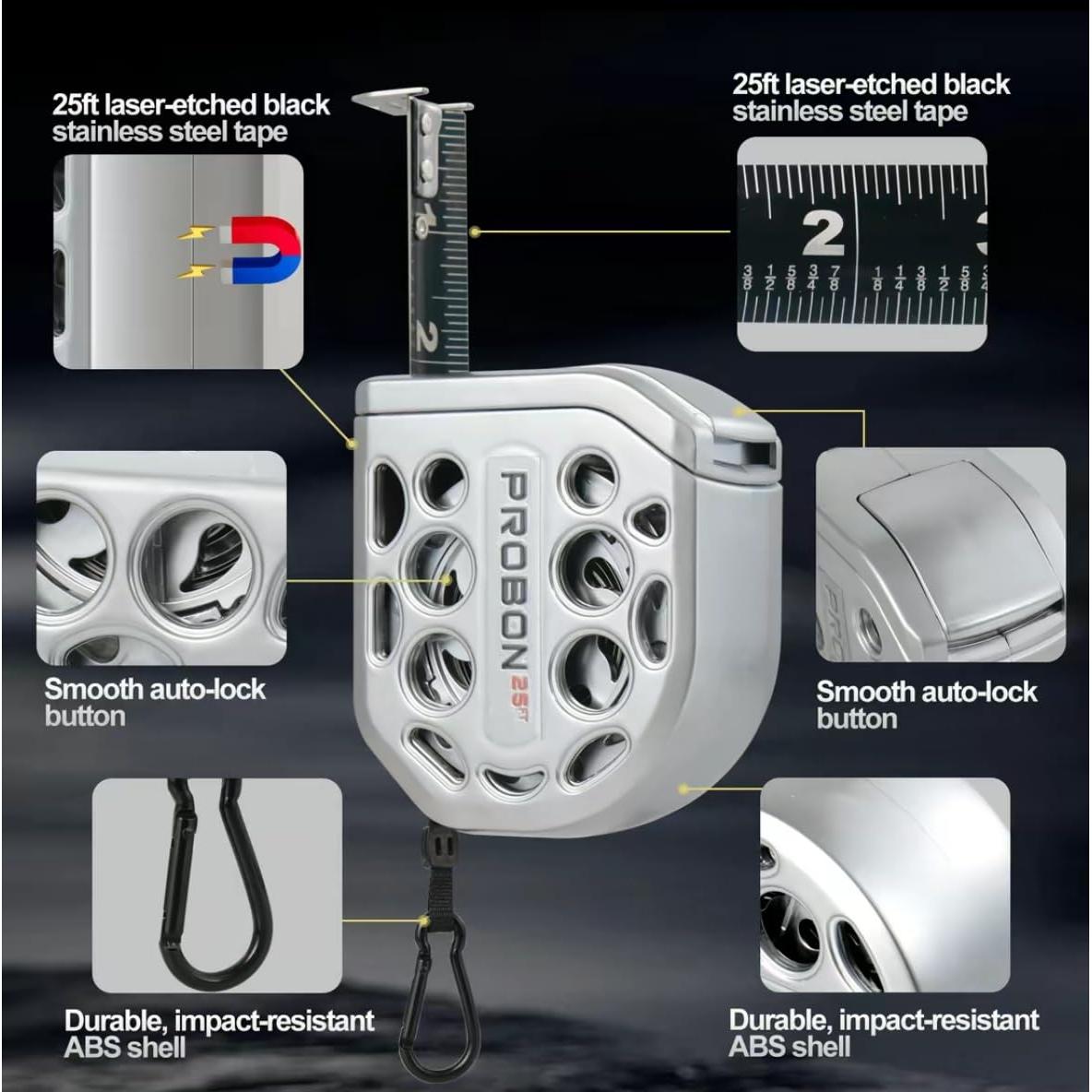 Cinta Métrica Magnética PROBON 7.62m Acero Inoxidable Autocierre