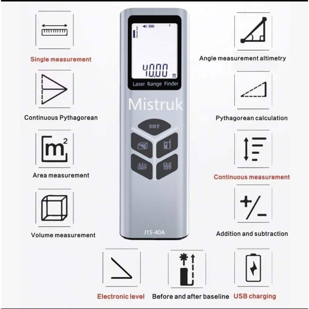 Medidor de Distancia Láser Mistruk J1S-40A 40m con Nivel