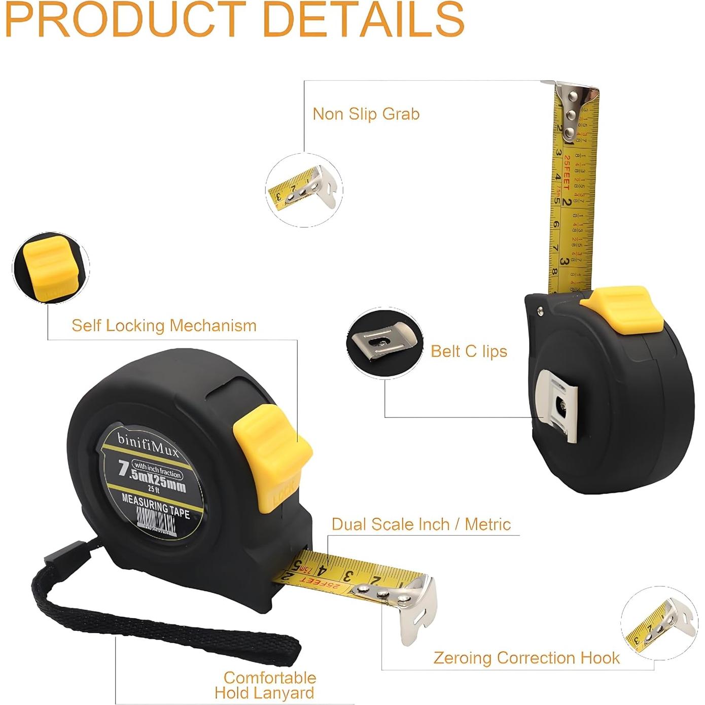 Cinta Métrica 7.5M binifiMux con Fracciones para Construcción