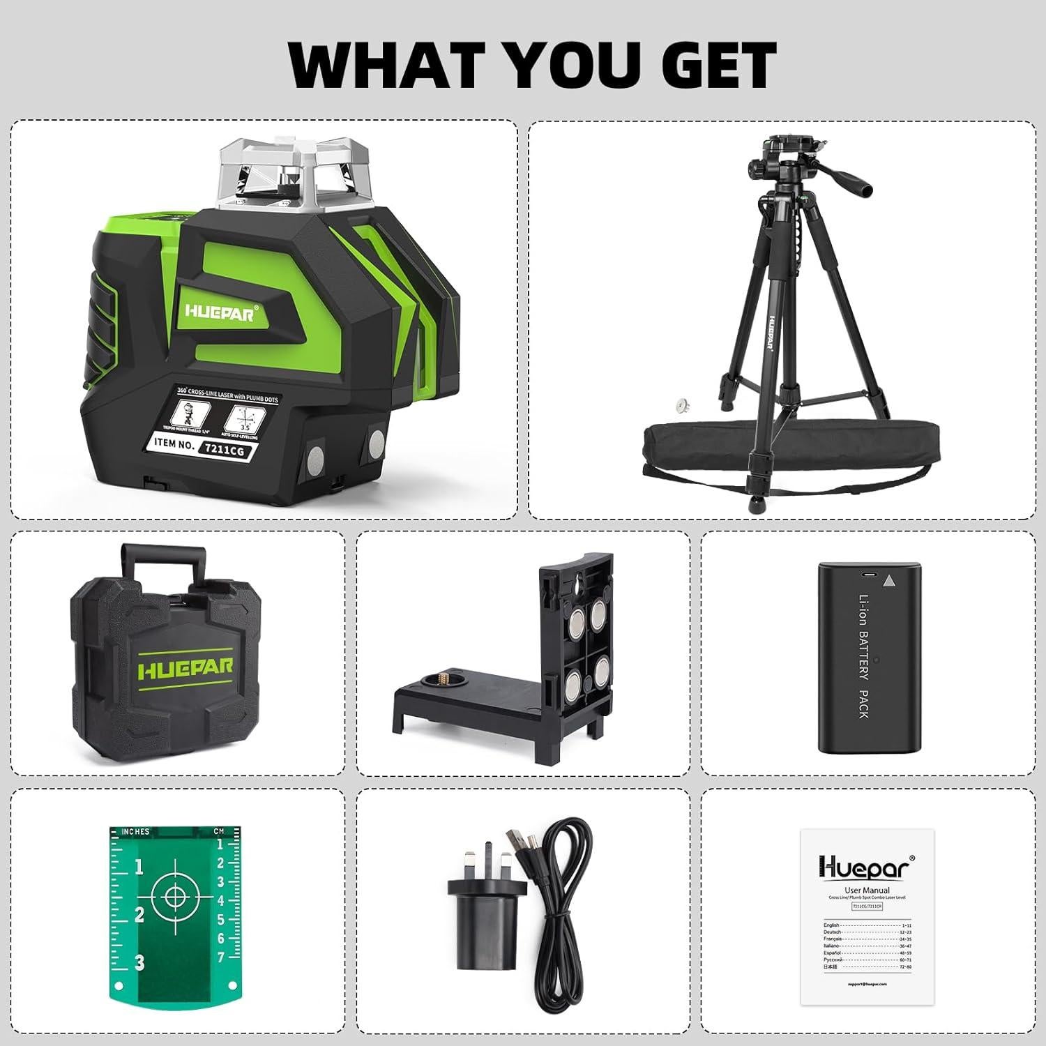 Nivel Láser Verde Autonivelante Huepar 7211CG con Trípode 172 cm