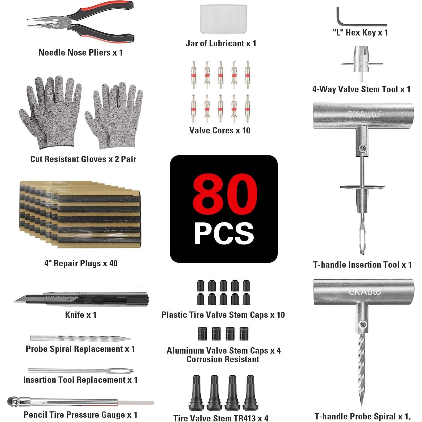 Kit de Reparación de Neumáticos CKAuto 80 Piezas para Autos