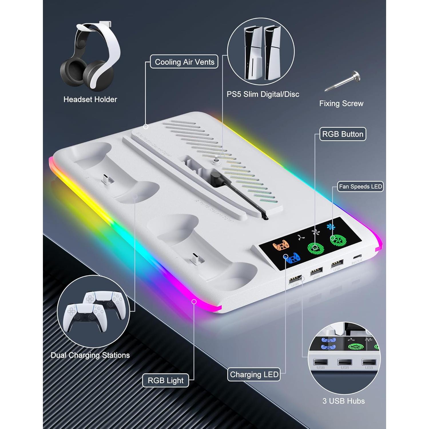 Cargador PS5 Honghao con Soporte y Ventilador Blanco