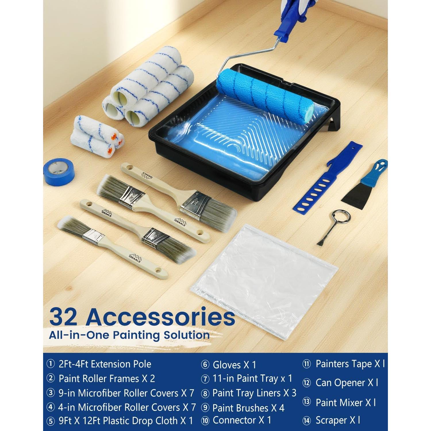 Kit de Rodillos de Pintura 32PCS IDEAALS con Palo Extensible