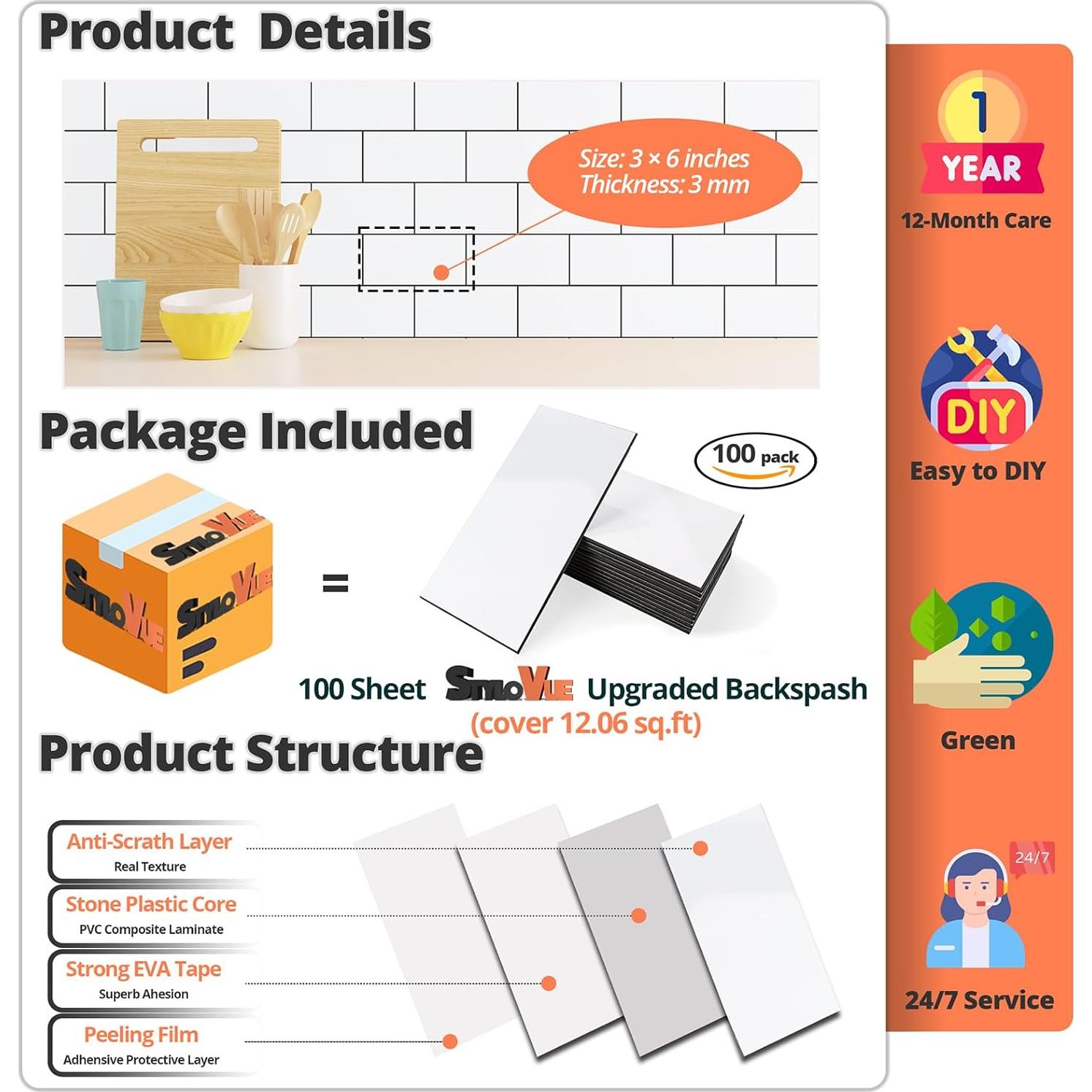 100 Azulejos Autoadhesivos StyloVue 15.24x7.62 cm Blanco Brillante