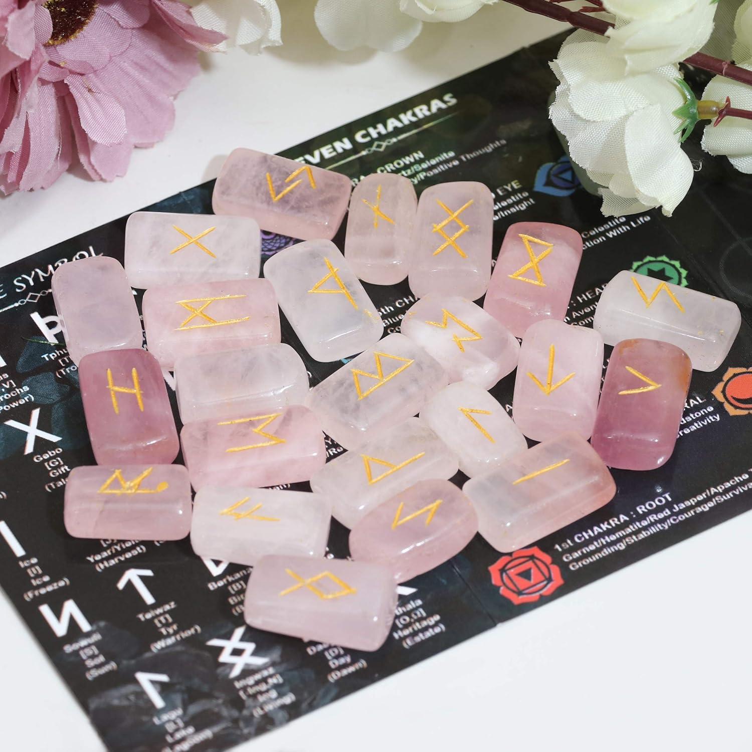 Conjunto de 25 Piedras Rúnicas de Cuarzo Rosa BEZAVO