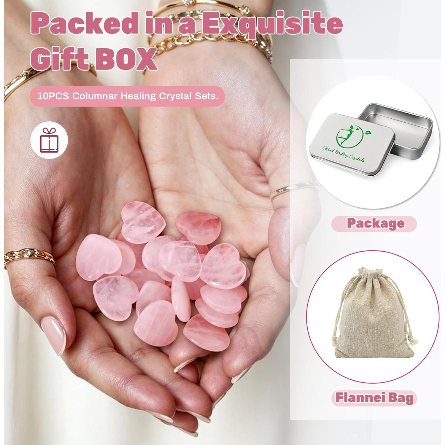 10 Piezas de Cuarzo Rosa Corazón Ditind - Cristales Naturales para Sanación y Amor