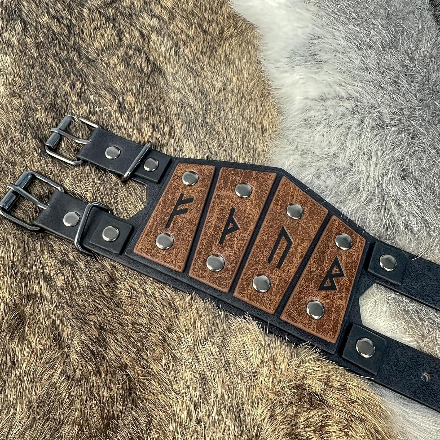 Pulsera de Cuero Sintético HiiFeuer con Runas Vikingas Ajustable