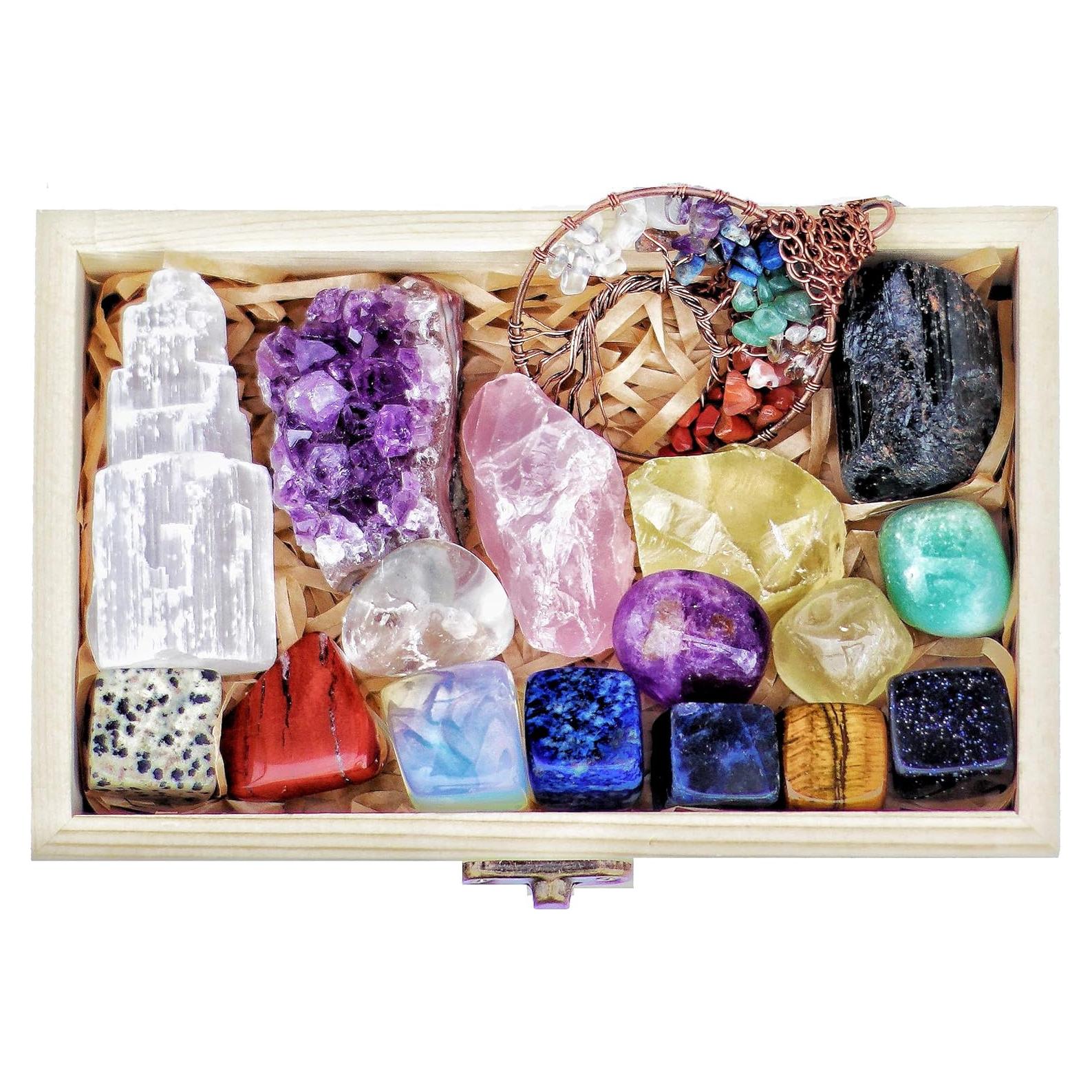 Conjunto de 16 Cristales Naturales AtPerry's en Caja de Madera