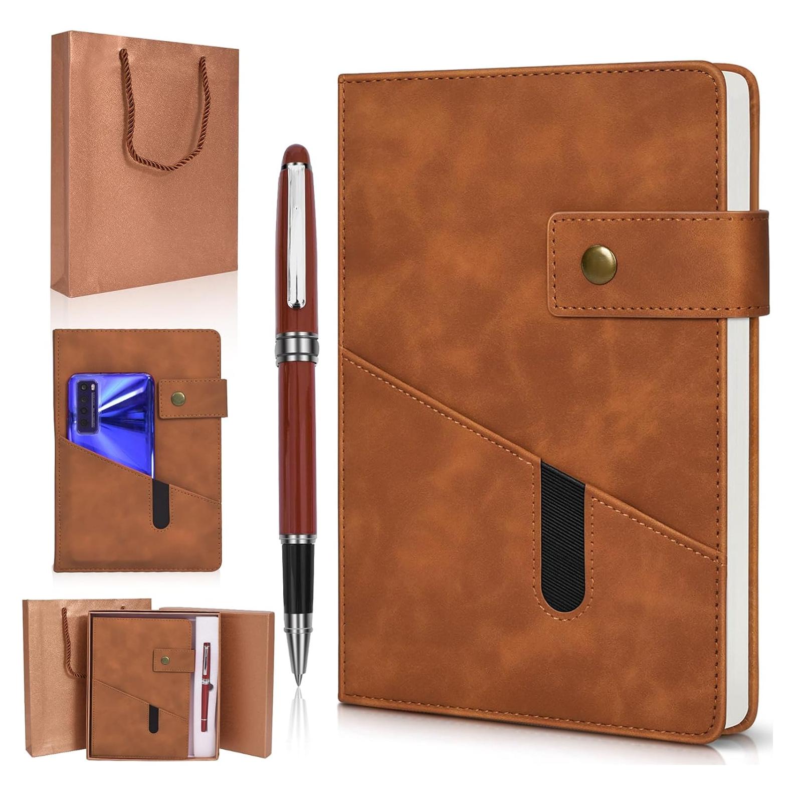 Diario A5 de Cuero Marrón vfaejll con Bolígrafos y Caja
