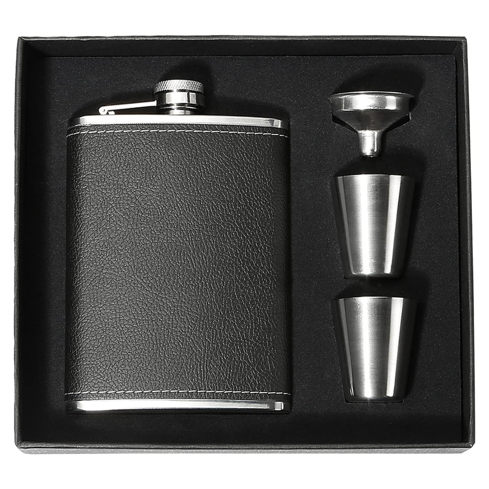 Frasco de Cadera Winthrop 8oz Acero Inoxidable con Cuero Negro