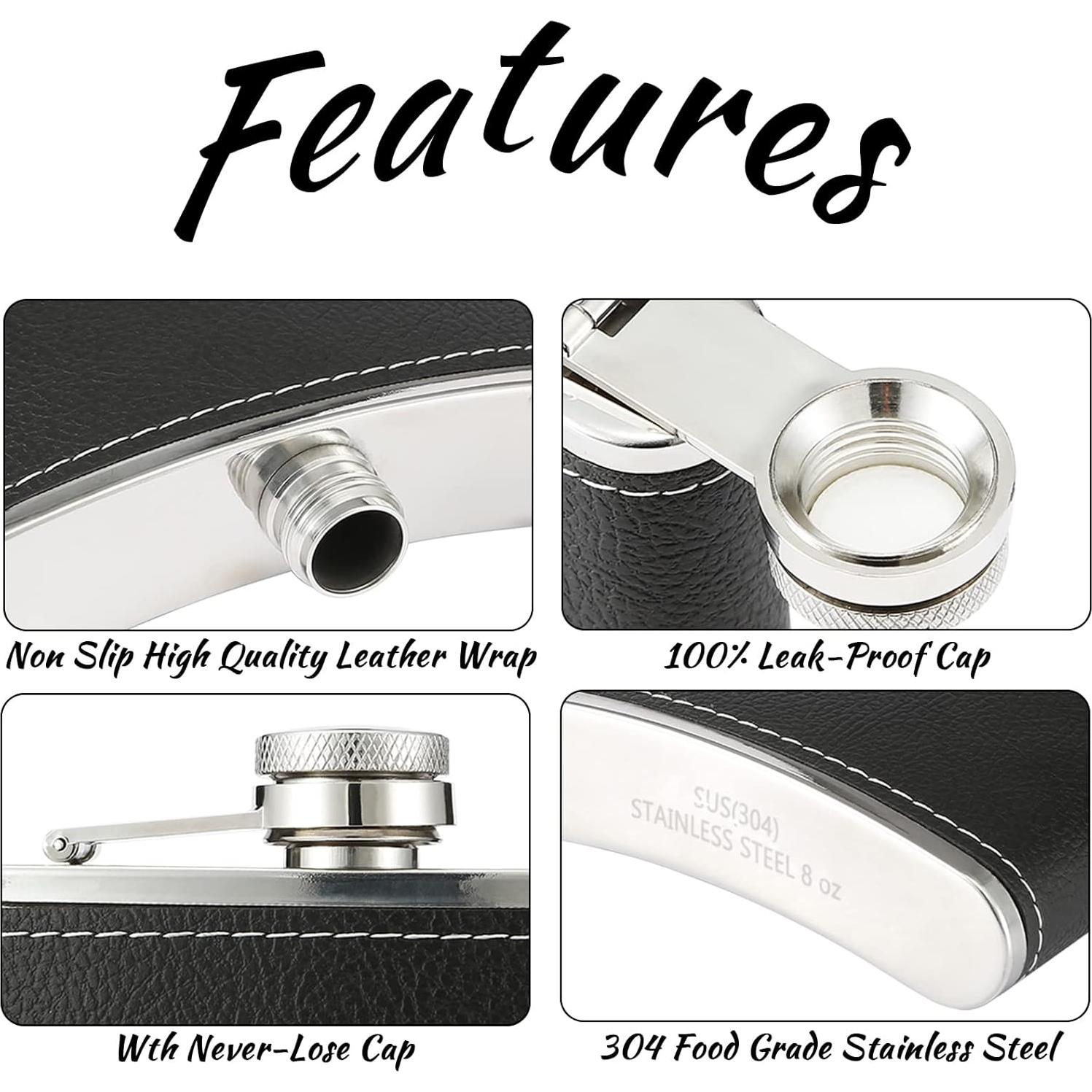 Frasco de Cadera Winthrop 8oz Acero Inoxidable con Cuero Negro