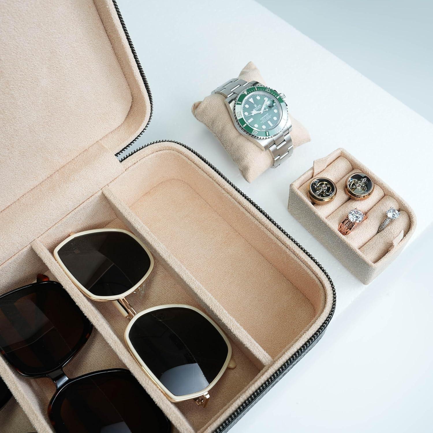 Estuche de Gafas de Sol SYENS de Cuero Negro con 4 Compartimentos