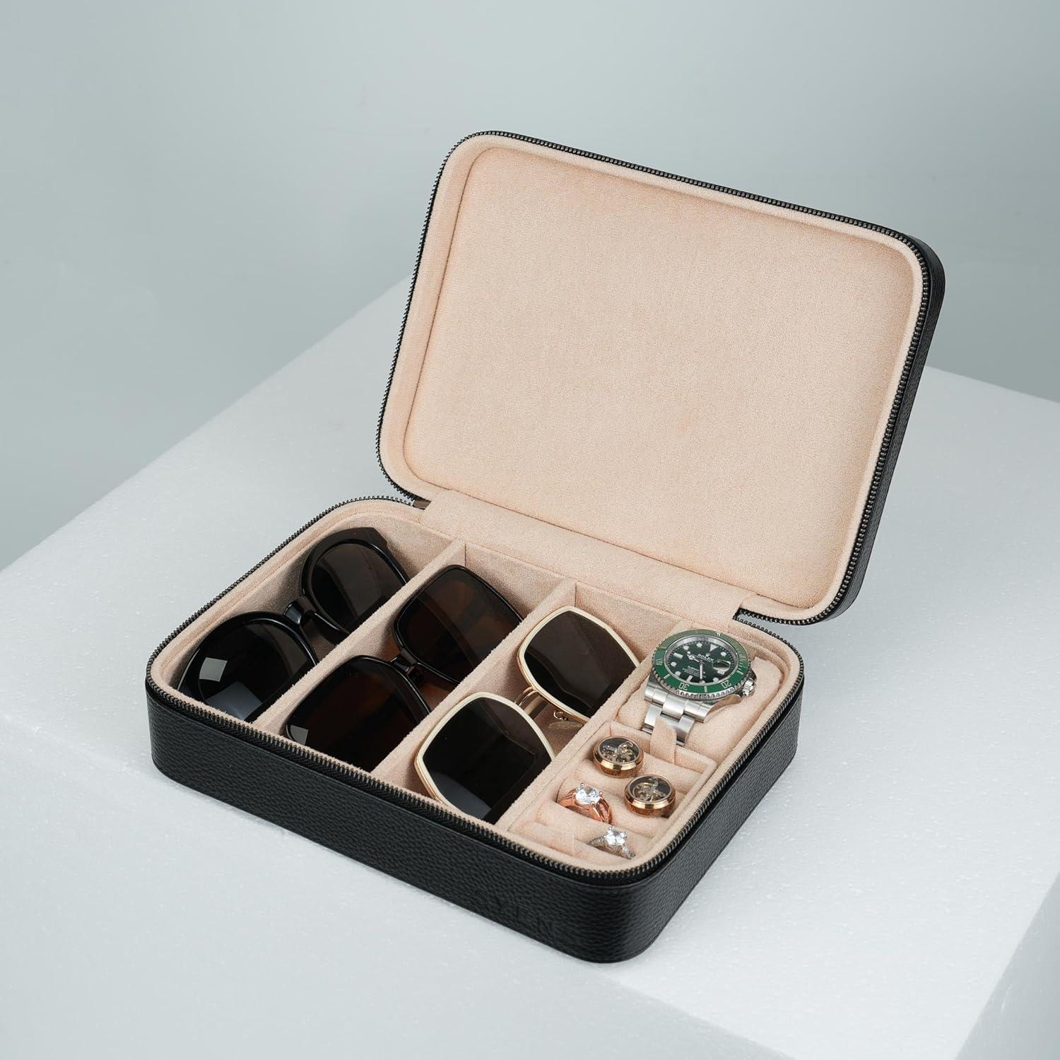 Estuche de Gafas de Sol SYENS de Cuero Negro con 4 Compartimentos