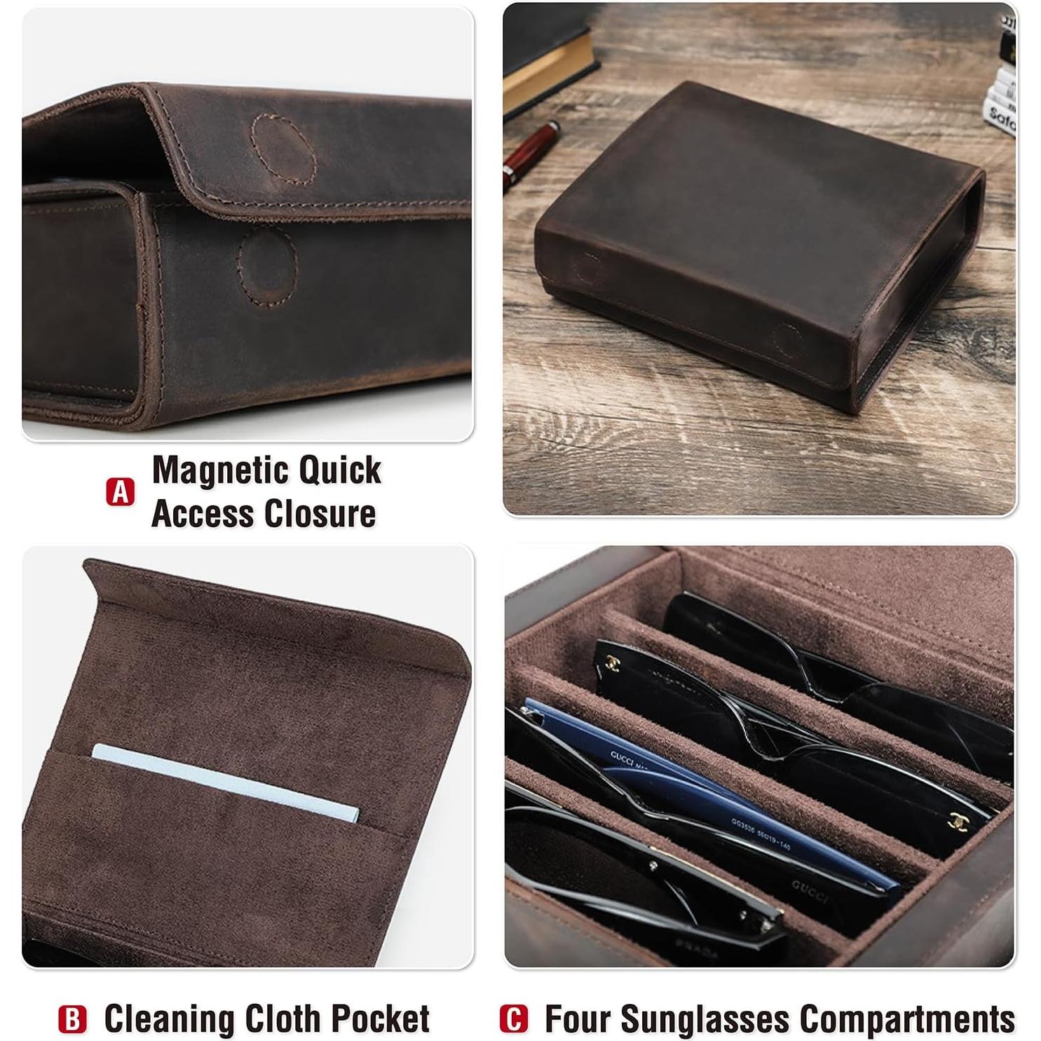 Estuche Organizador de Gafas de Sol Cuero Chamois Café Vintage