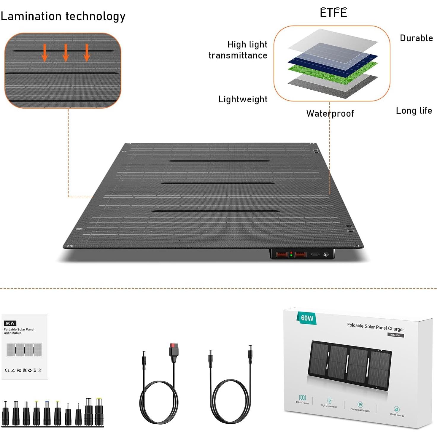 Cargador Solar ENOFLO 60W Plegable USB y DC Camping