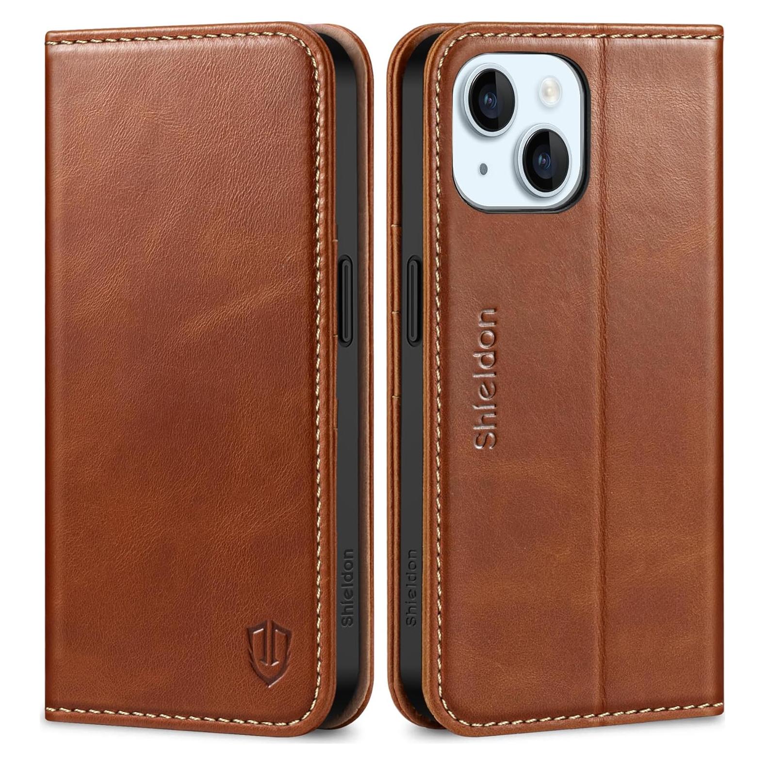 Funda de Cartera SHIELDON para iPhone 15 - Cuero Genuino Marrón