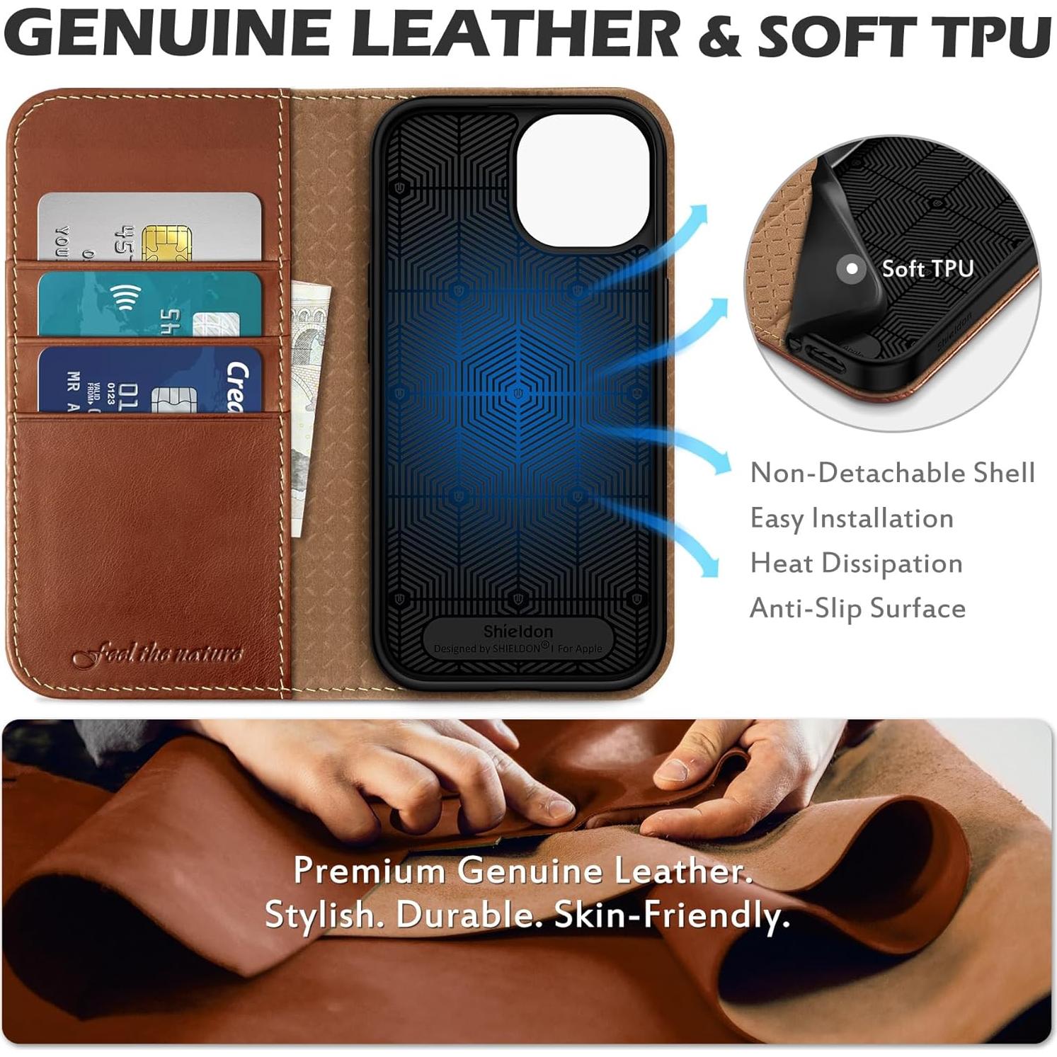 Funda de Cartera SHIELDON para iPhone 15 - Cuero Genuino Marrón