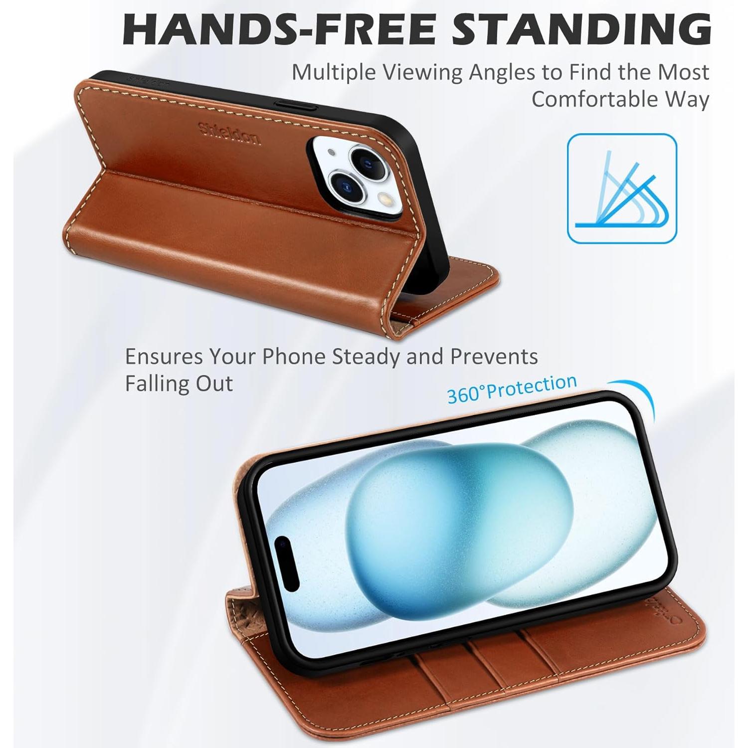 Funda de Cartera SHIELDON para iPhone 15 - Cuero Genuino Marrón