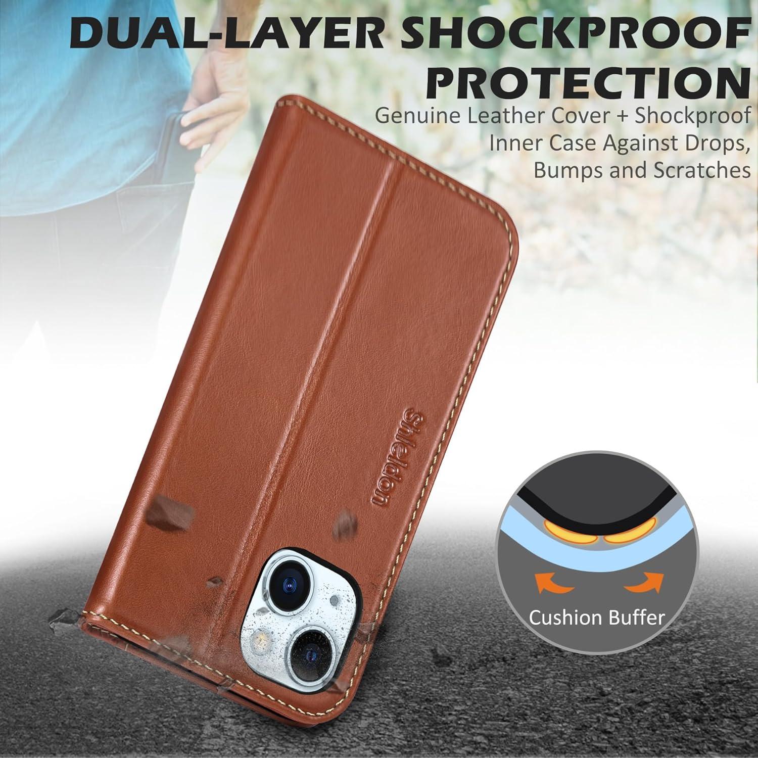 Funda de Cartera SHIELDON para iPhone 15 - Cuero Genuino Marrón