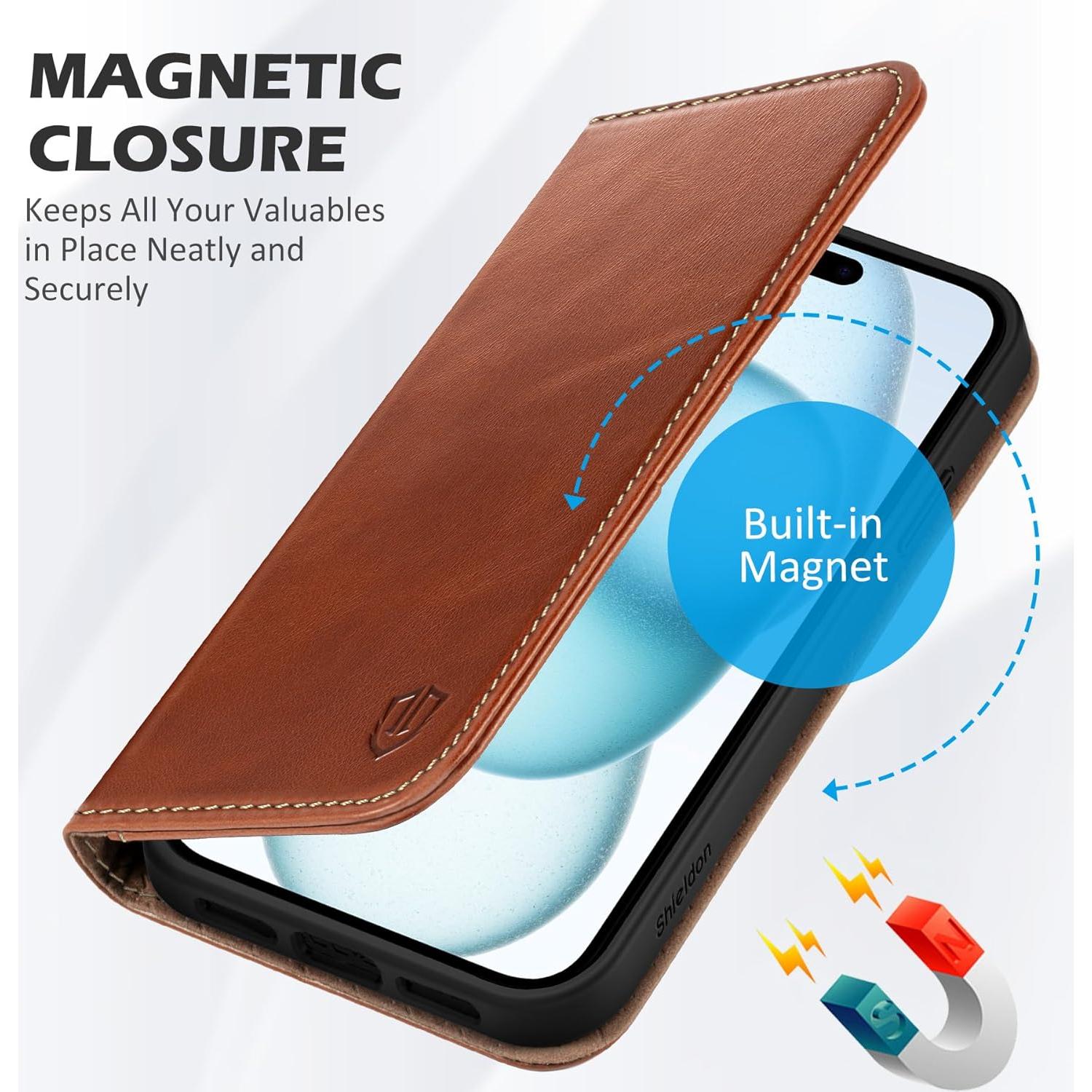Funda de Cartera SHIELDON para iPhone 15 - Cuero Genuino Marrón