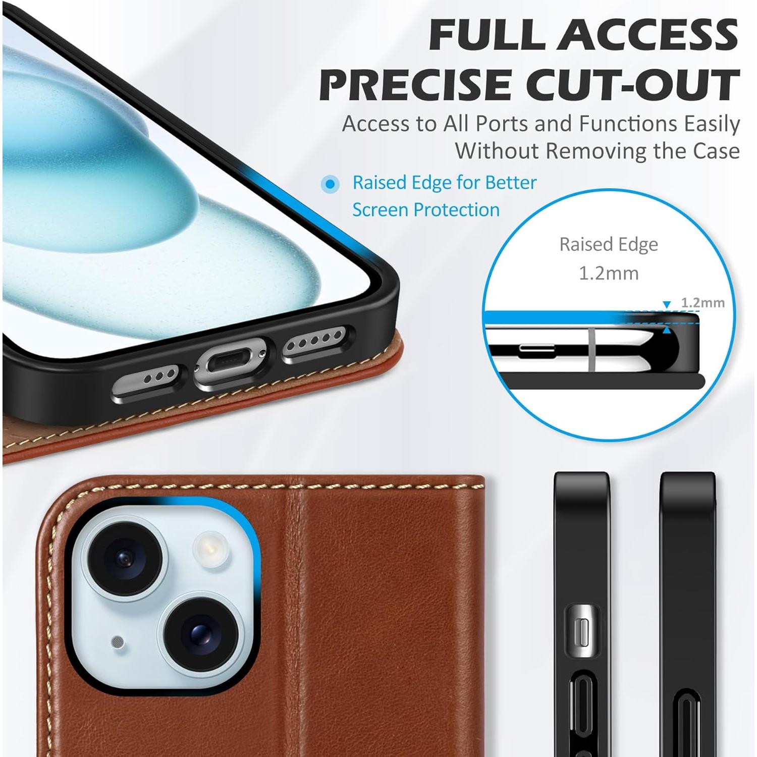 Funda de Cartera SHIELDON para iPhone 15 - Cuero Genuino Marrón