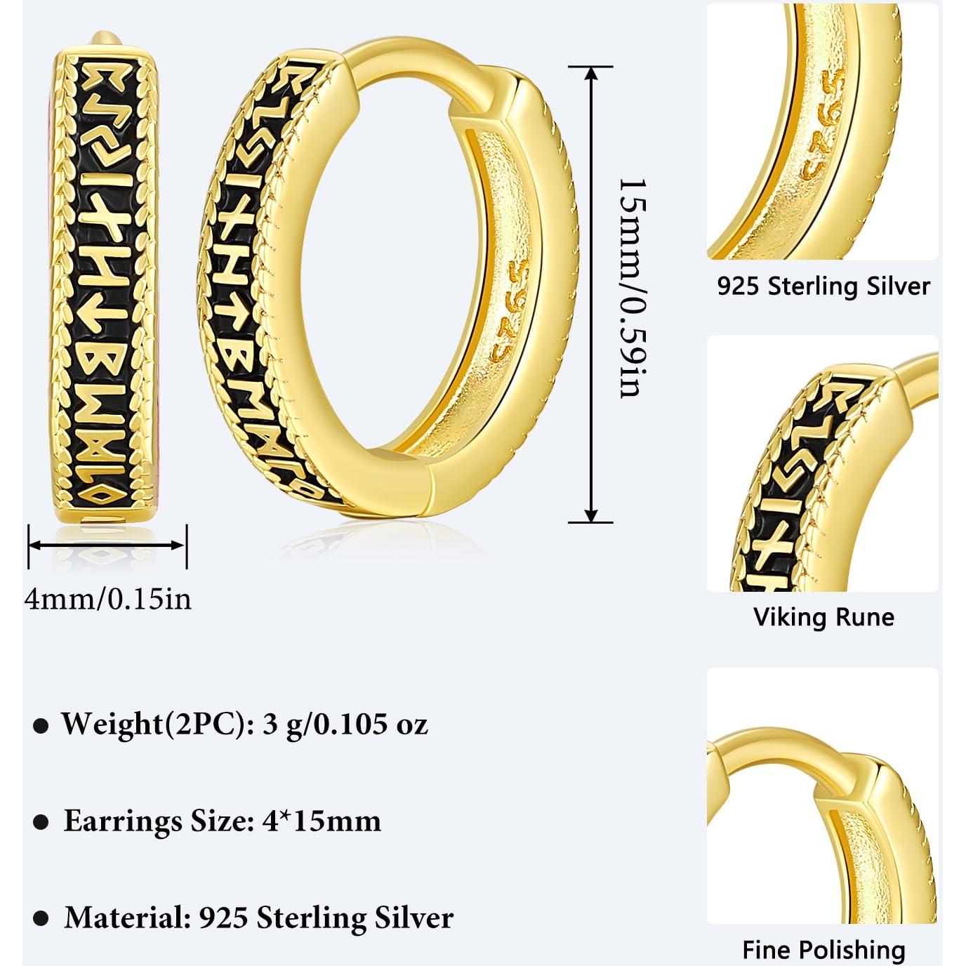 Pendientes Aros de Plata Esterlina 925 Vikingos Runa Nórdica