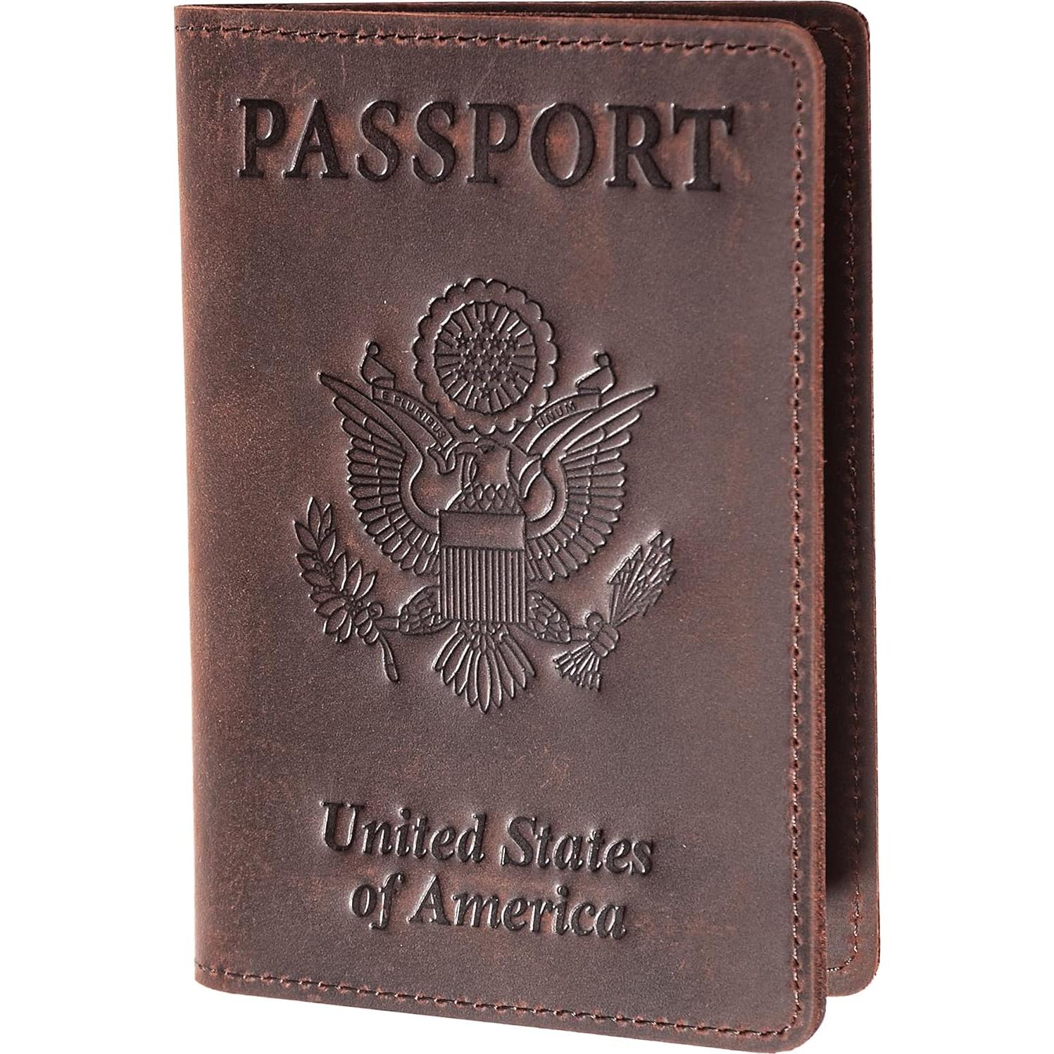 Portafolio de Pasaporte y Tarjeta de Vacunas de Cuero Genuino Café con Bloqueo RFID