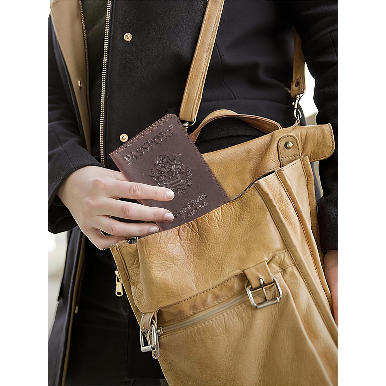 Portafolio de Pasaporte y Tarjeta de Vacunas de Cuero Genuino Café con Bloqueo RFID