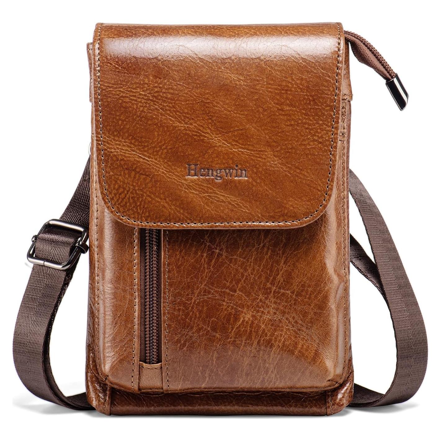 Bolso Cruzado de Cuero Genuino Hengwin para Teléfono Marrón