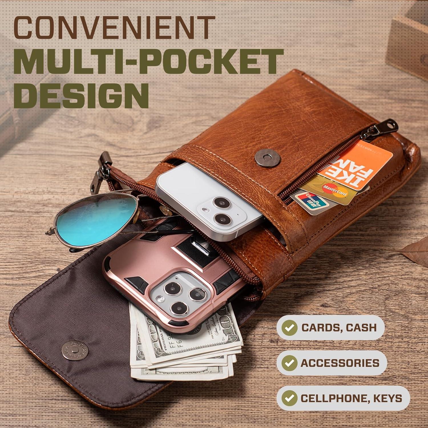 Bolso Cruzado de Cuero Genuino Hengwin para Teléfono Marrón