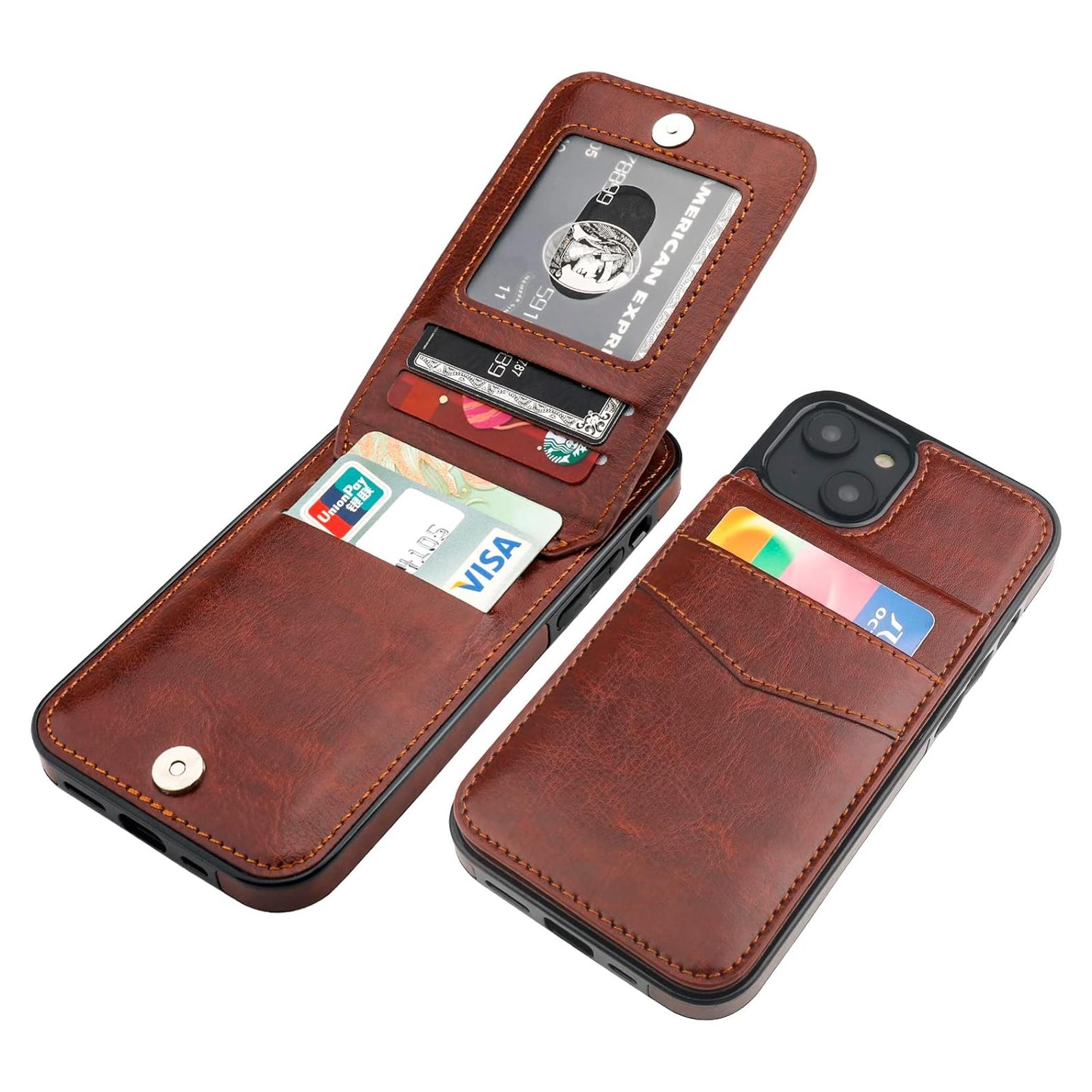 Funda de iPhone 14 KIHUWEY con billetera y soporte - Cuero Marrón