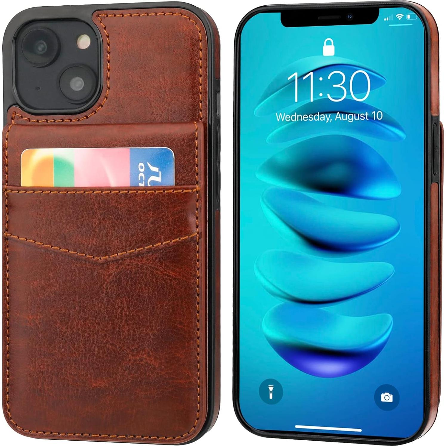 Funda de iPhone 14 KIHUWEY con billetera y soporte - Cuero Marrón