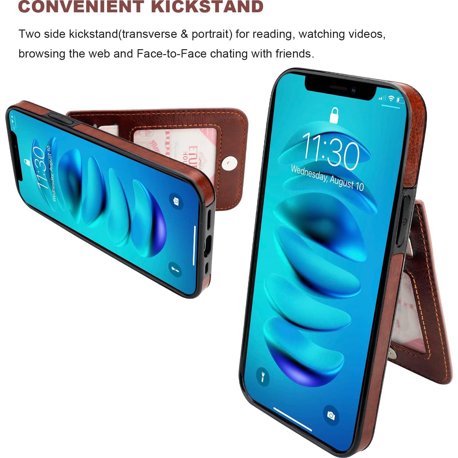Funda de iPhone 14 KIHUWEY con billetera y soporte - Cuero Marrón