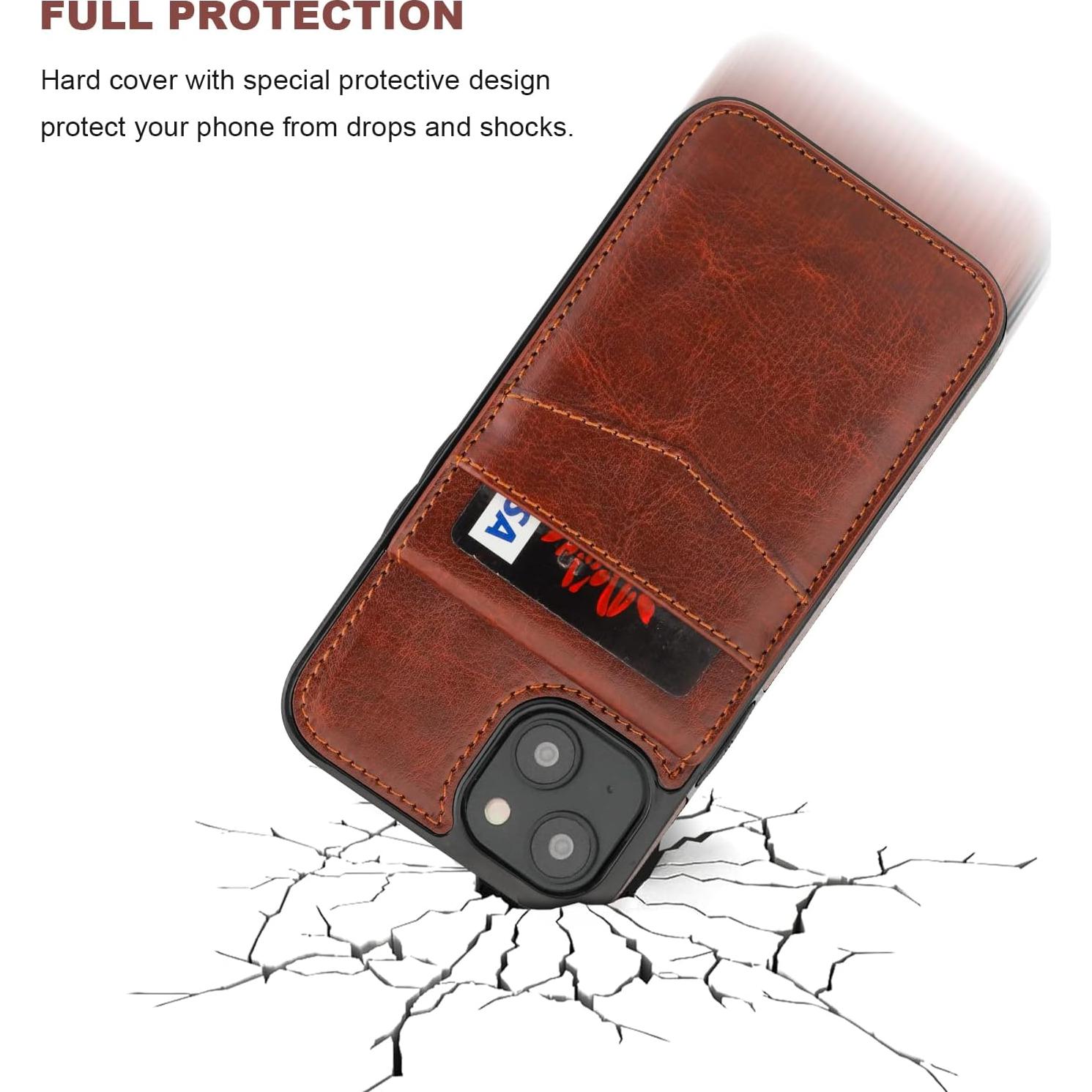 Funda de iPhone 14 KIHUWEY con billetera y soporte - Cuero Marrón