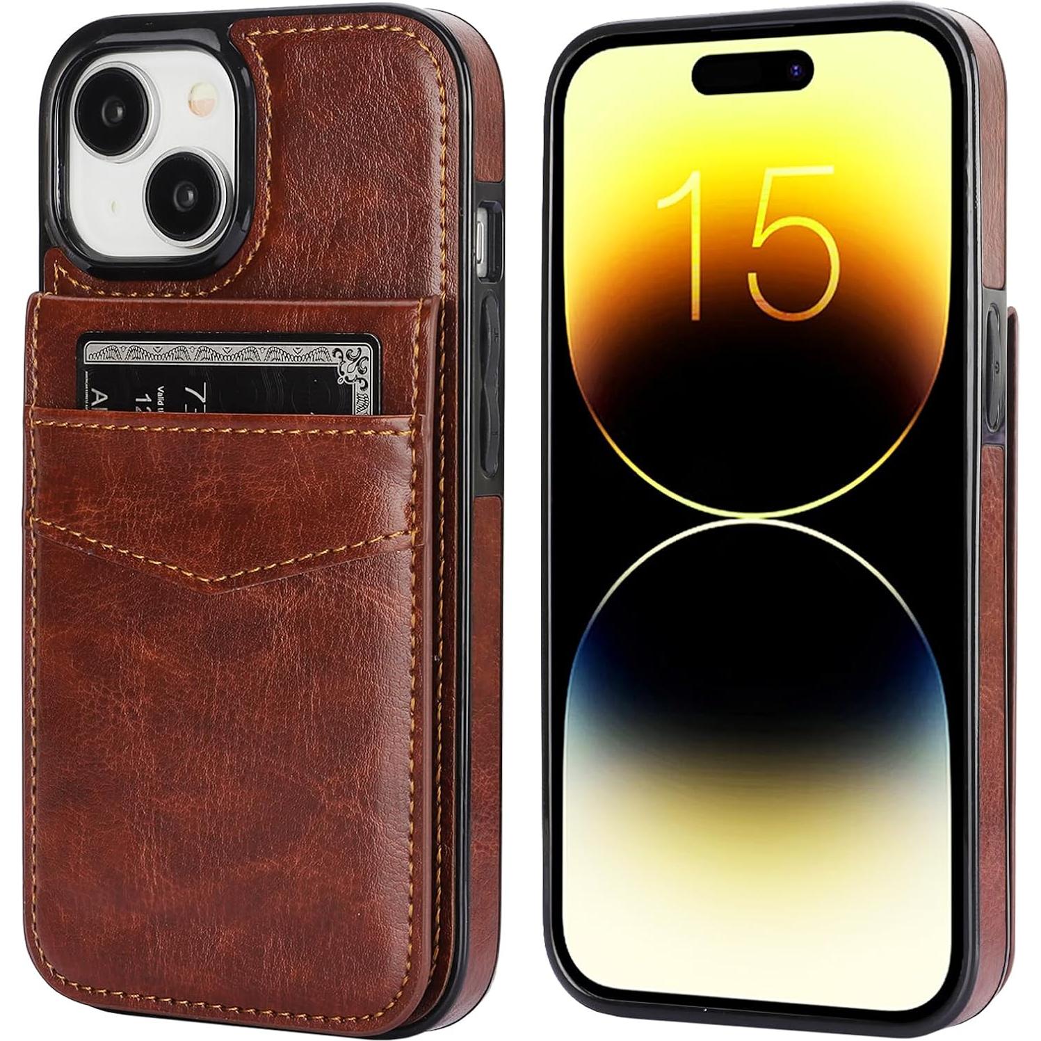Funda de iPhone 15 KIHUWEY con billetera y soporte - Cuero Marrón