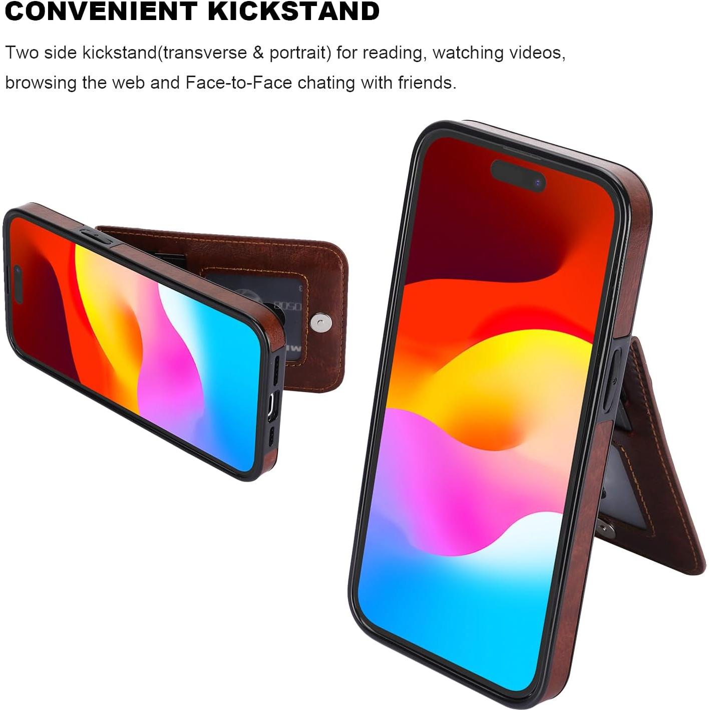 Funda de iPhone 15 KIHUWEY con billetera y soporte - Cuero Marrón