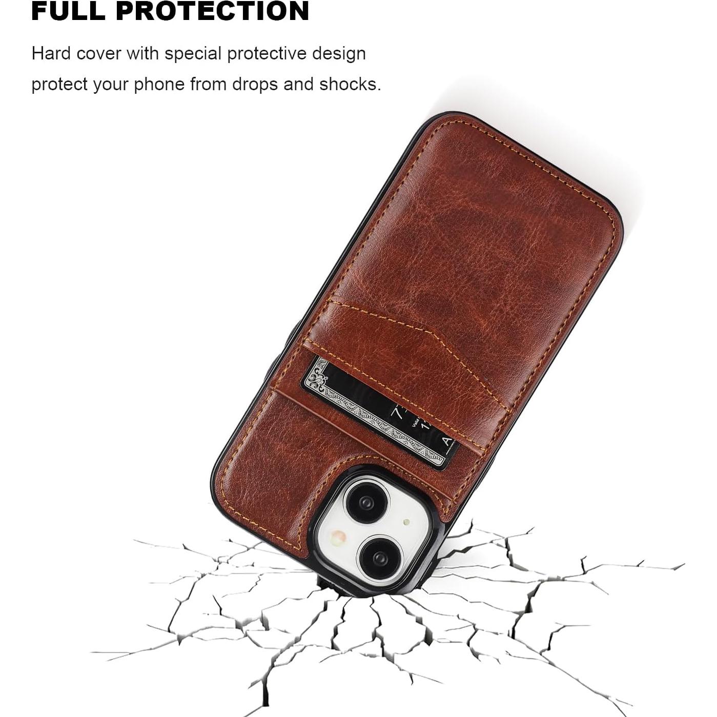 Funda de iPhone 15 KIHUWEY con billetera y soporte - Cuero Marrón