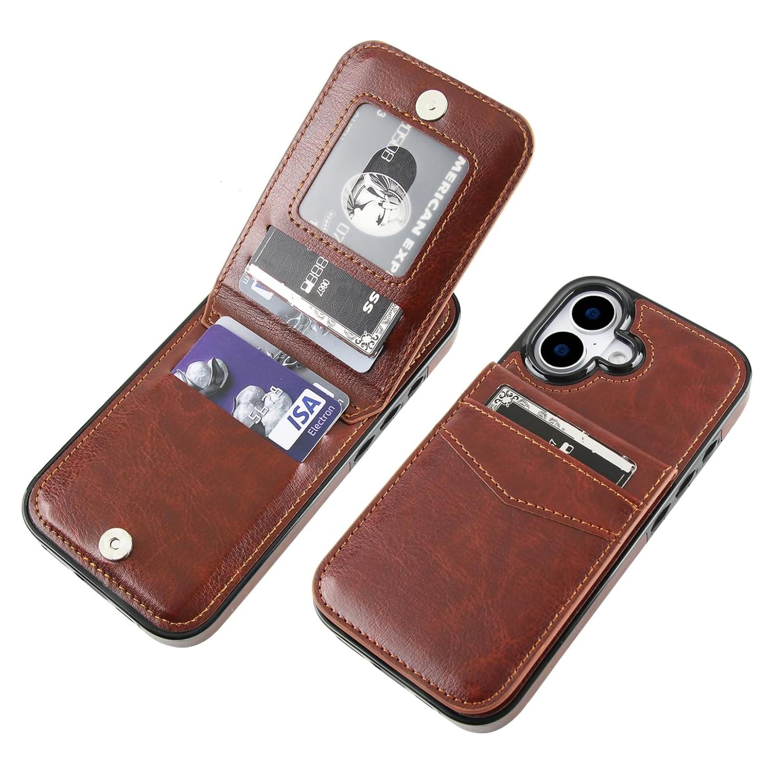 Funda de iPhone 17 KIHUWEY con billetera y soporte - Cuero Marrón