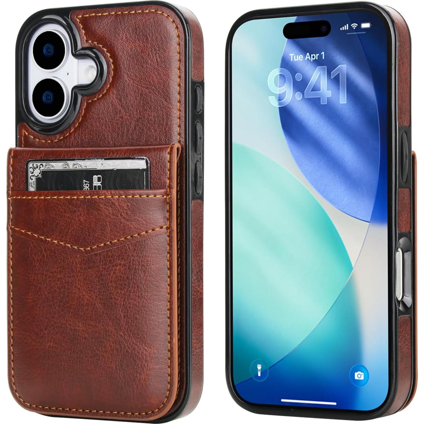 Funda de iPhone 17 KIHUWEY con billetera y soporte - Cuero Marrón