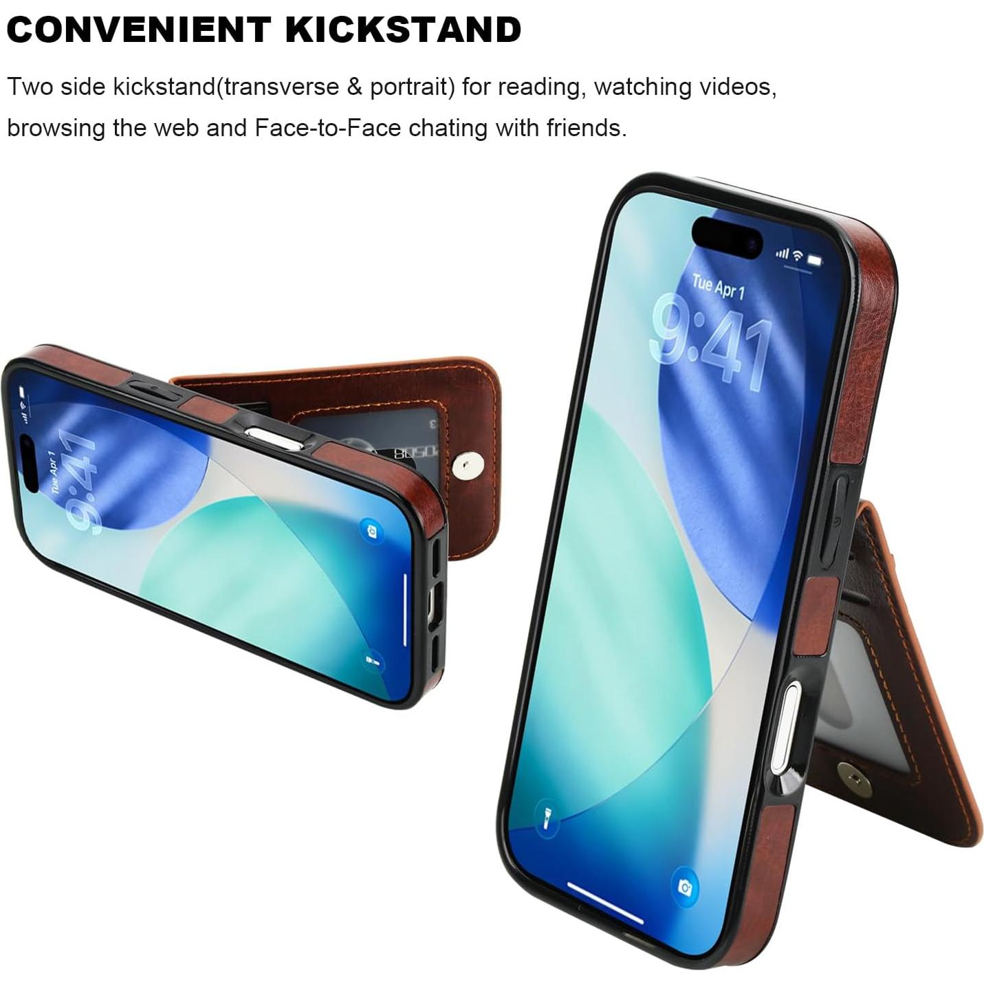 Funda de iPhone 17 KIHUWEY con billetera y soporte - Cuero Marrón